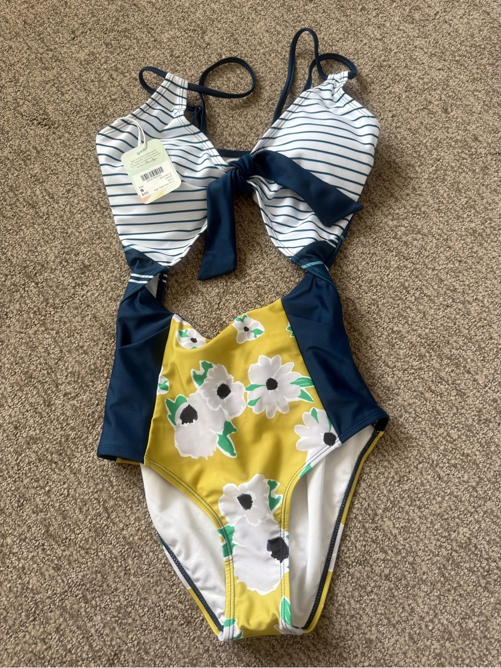Striped Tie-Front Floral One-Piece Swimsuit - Navy & Yellow